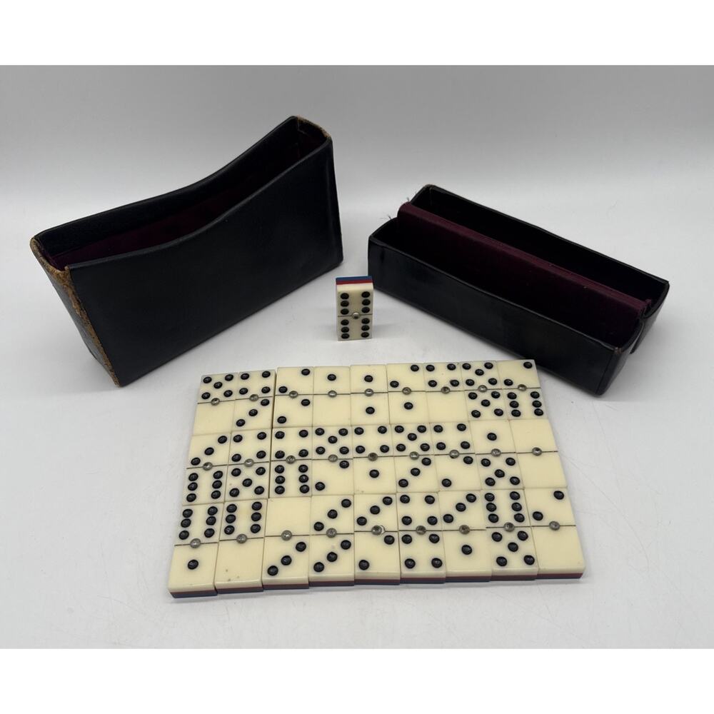 Vtg Double 6 Dominos Layered Celluloid Red White Blue Metal Spinner Case